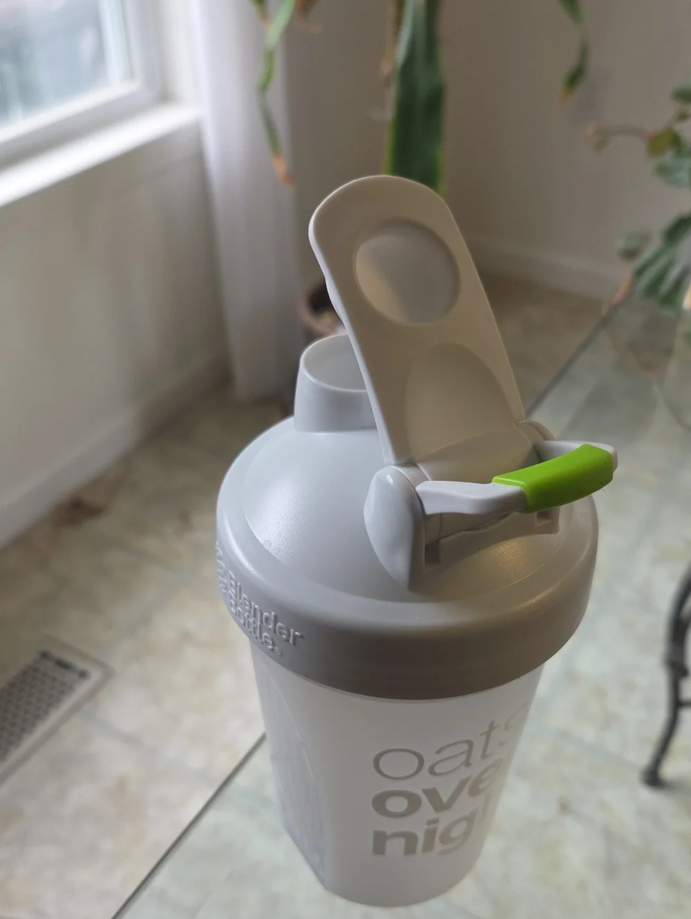Matte White Shaker Bottle with Lime Green Carry Accent Blender